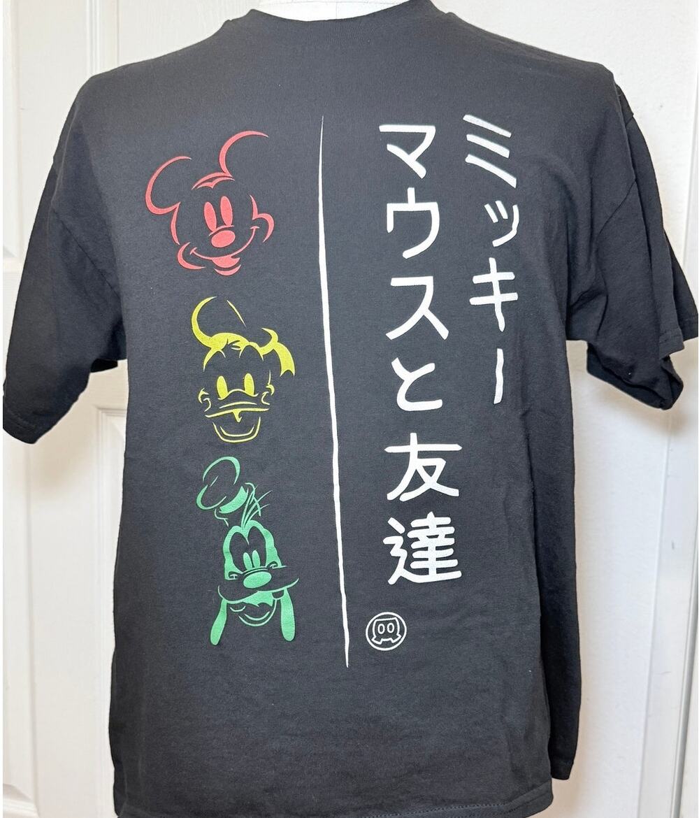 Disney Mickey Mouse Donald Goofy Japanese Graphic T-Shirt Black Large L